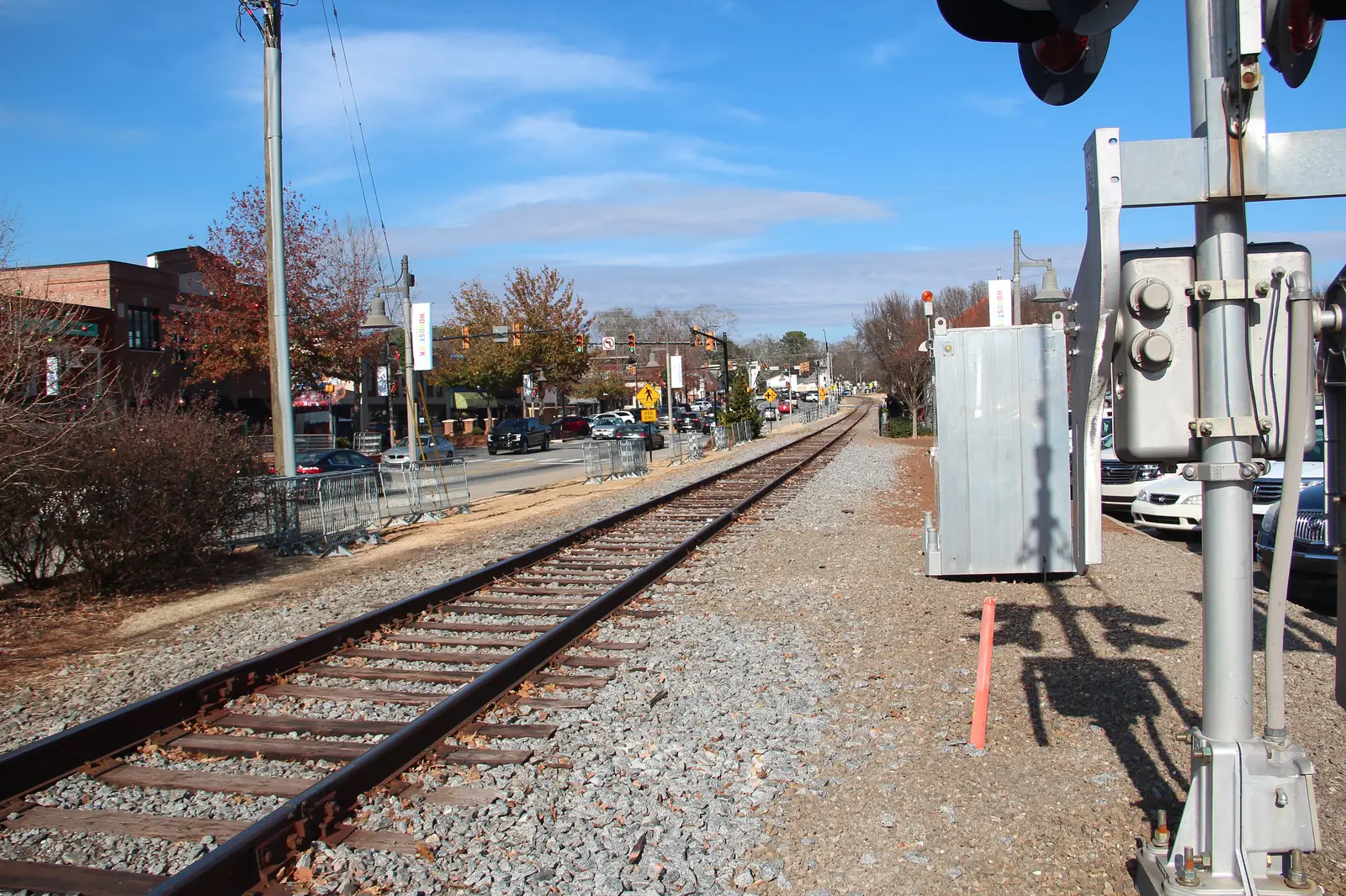 Main Street and the railroad through downtown Woodstock, part of the parade route