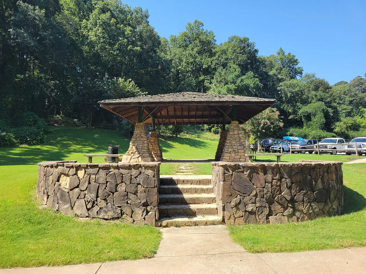 The stone rock pavilion at Olde Rope Mill Park in Woodstock