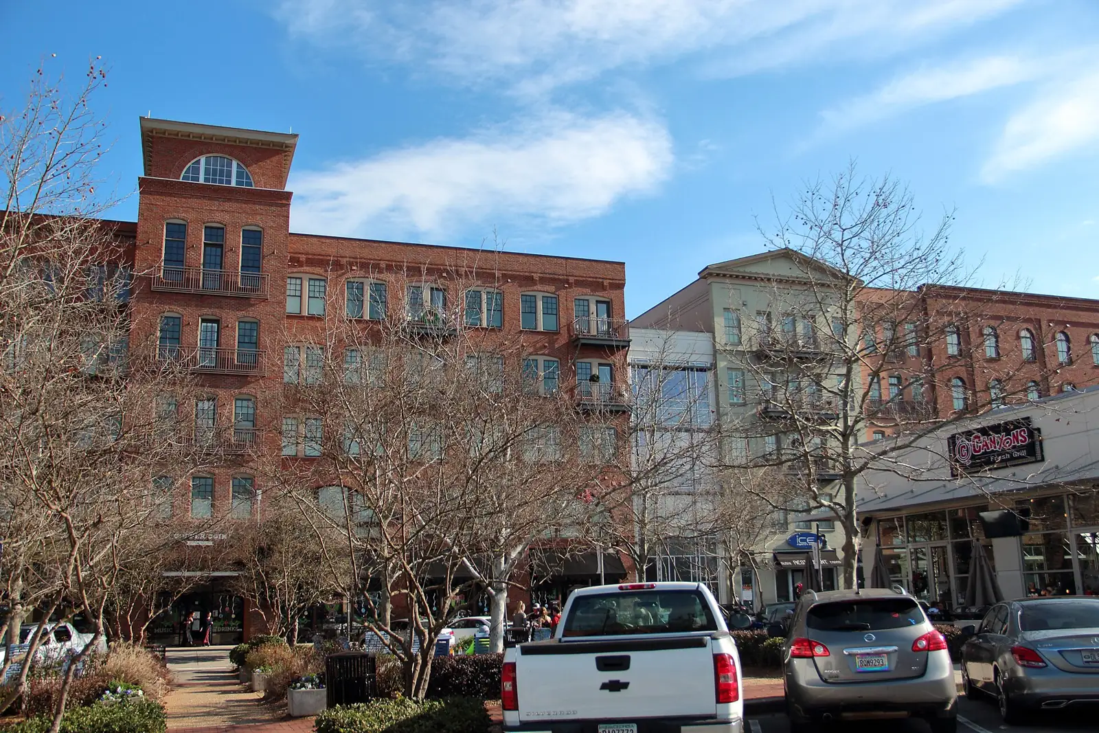 Brick apartment and shop buildings in downtown Woodstock