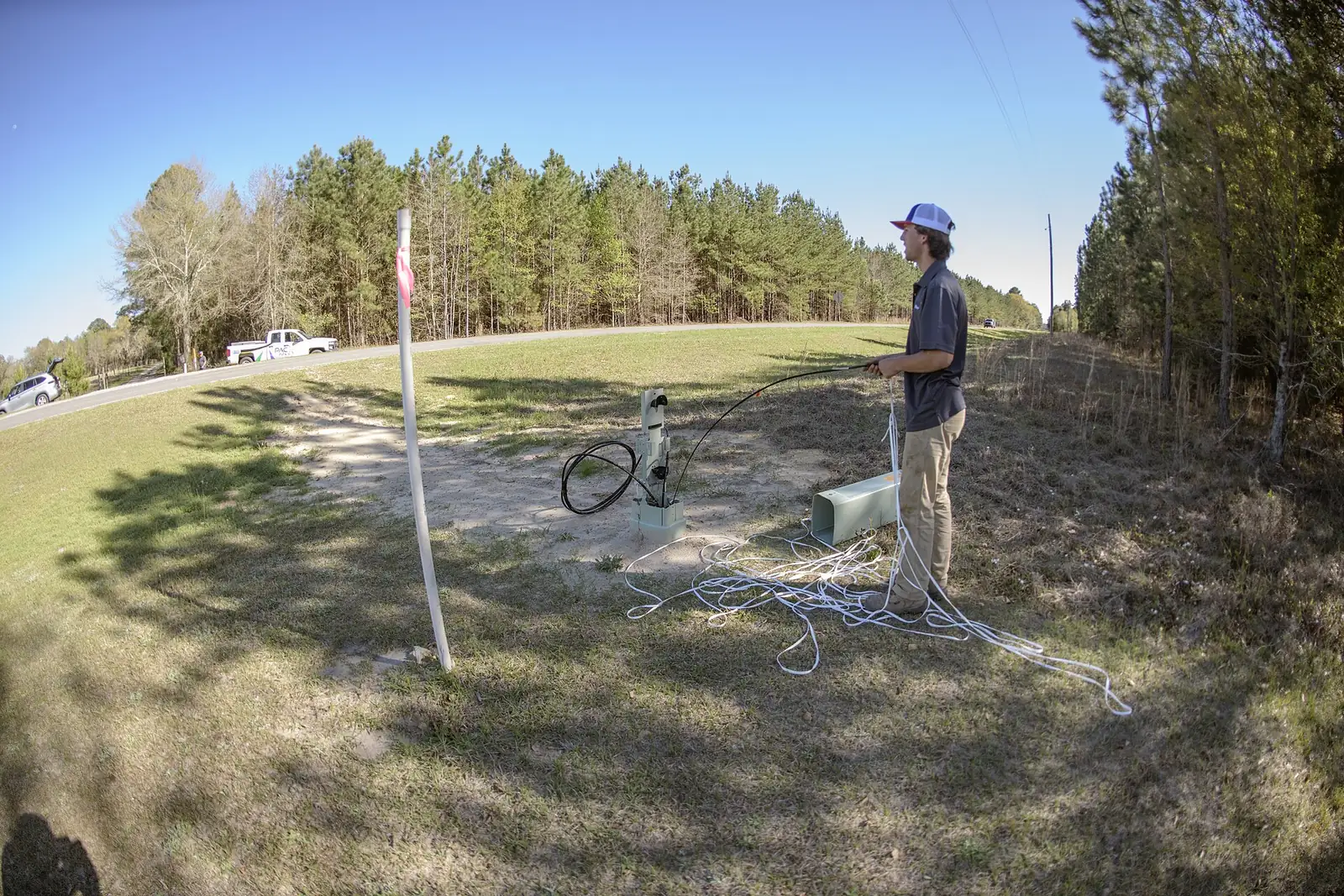 A fiber optic cable being pulled to a roadside box in Evans County, Ga. The picture does not show Woodstock or Google Fiber.